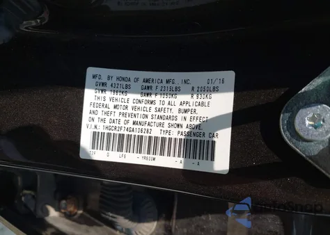 2016 Honda Accord Ex из США, поврежденный, VIN 1HGCR2F74GA106282